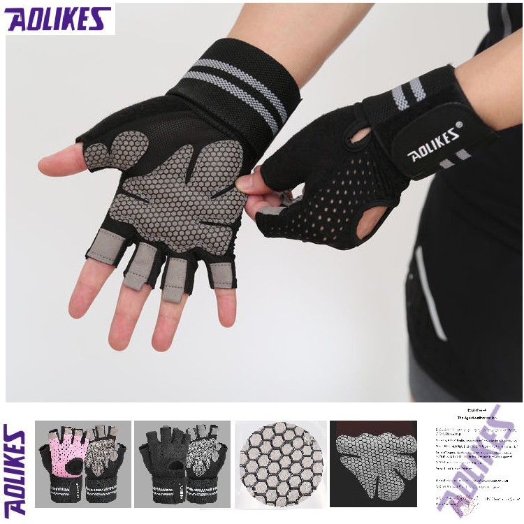 Găng tay tập gym hở lưng có cuốn cổ tay, bao tay đệm lòng bàn tay chống trượt chuyên gym AOLIKES HS 113