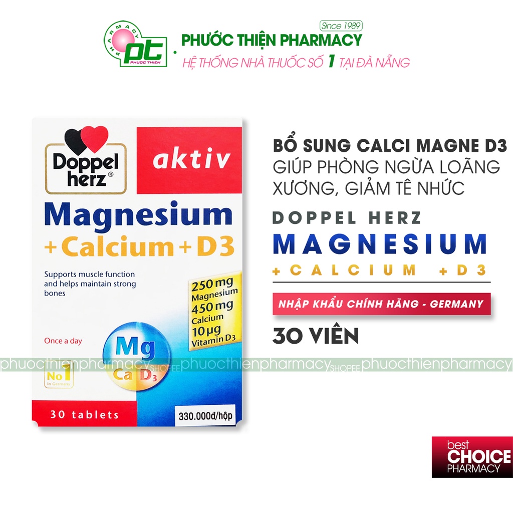 Viên uống bổ sung canxi cho bà bầu, người lớn Doppelherz Magnesium Calcium D3 30 Viên - Phòng ngừa loãng xương, tê nhức