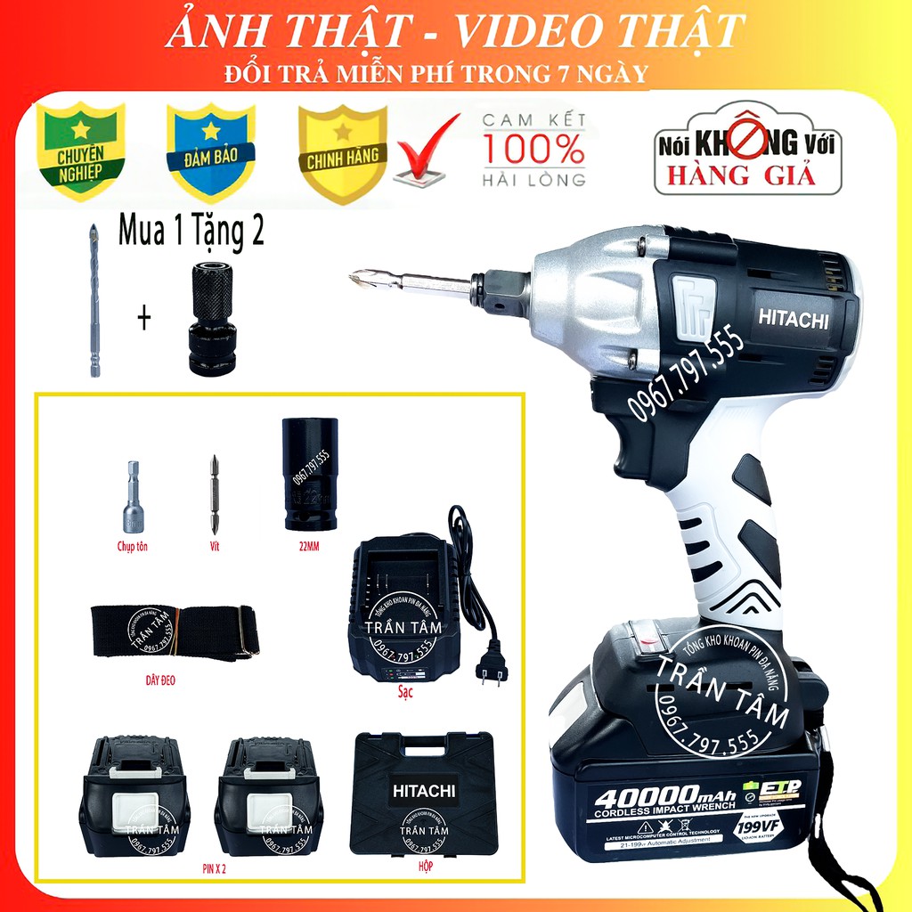 Máy siết bulong Hitachi 199V Đầu 2 trong 1 - KHÔNG CHỔI THAN - TẶNG Đầu chuyển vít, khẩu 22mm , mũi khoan 6