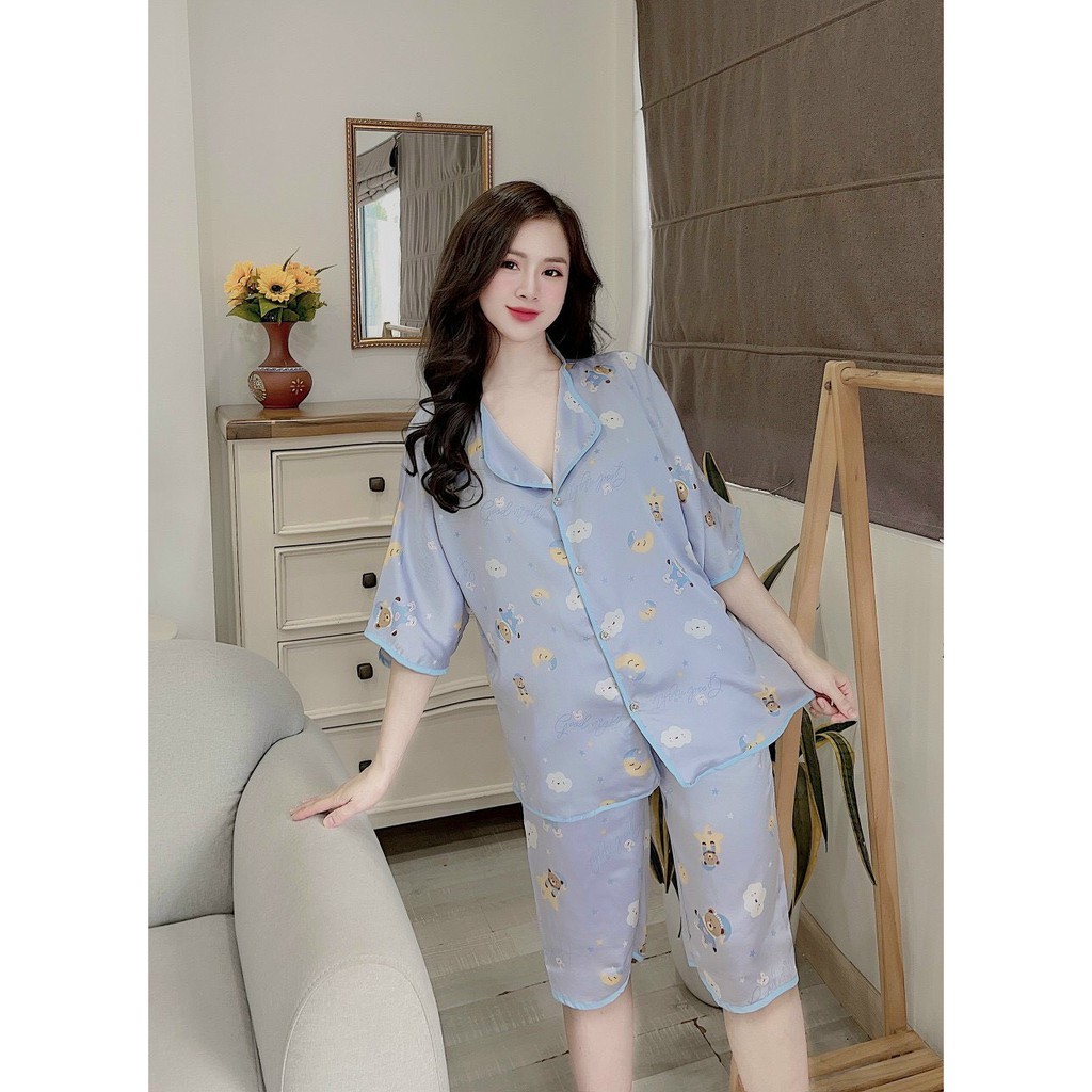 Đồ Bộ Lụa Pijama Quần Lửng Họa Tiết Mới ☘️ Chất liệu SatinĐồ Ngủ Nữ, Đồ Bộ Mặc Nhà