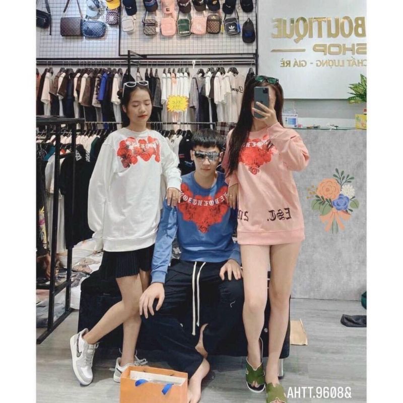 Áo Nỉ Sweater Hoa Hồng Cổ Tròn Siêu Hot, From Unisex Tay Bồng, Màu Đen Basic Siêu Hot ( Ảnh Thật 100%)