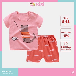 Đồ bộ bé gái KIXI set quần áo cộc cotton hoạ tiết hình mèo co giãn siêu mát bộ quần áo cho bé gái CMQA07