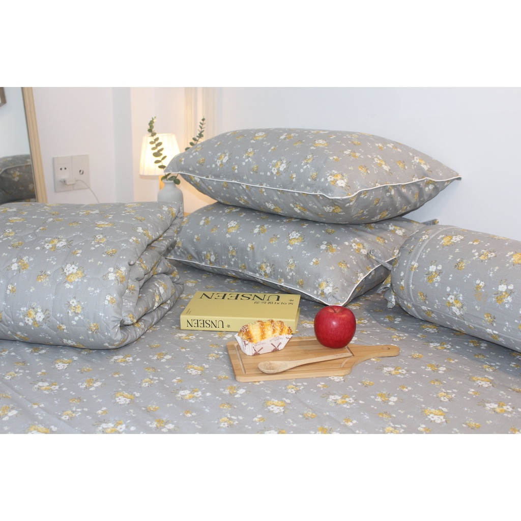 Bộ drap gối KHA LY - cotton thiên nhiên - Nhí Xám Tro - VN302