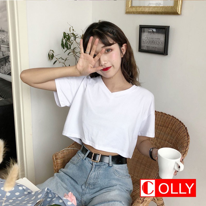 Áo thun Croptop form rộng tay lỡ cổ tim cá tính - COLLY