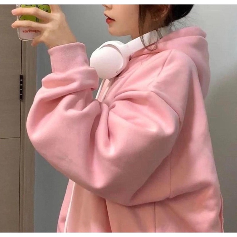 Áo khoác hoodie nỉ bông mũ 2 lớp có túi from rộng tay bồng Màu Hồng cam