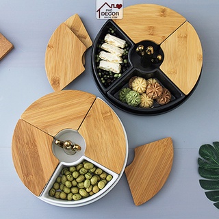 Khay Mứt Phố Decor Nắp Gỗ Tre Già Cao Cấp Đựng Bánh Kẹo, Mứt Phối Sứ Xương Rồng 4 Ngăn