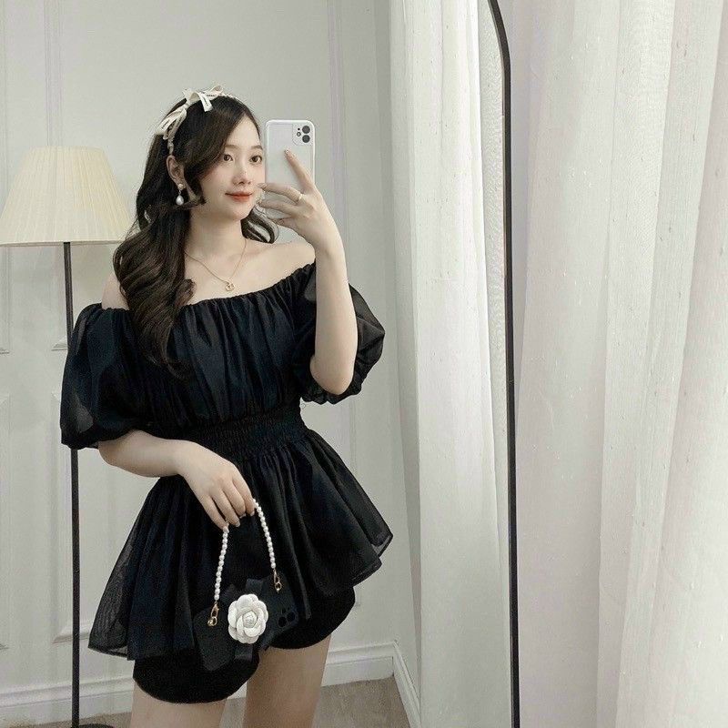 Áo trễ vai nhún eo xòe tay ngắn phồng