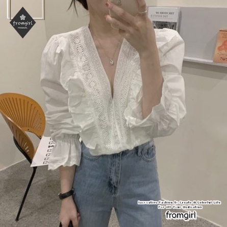 Áo Sơ Mi Nữ Tay Dài Cổ Chữ v Phối Ren Phong Cách Hàn Quốc Quyến Rũ