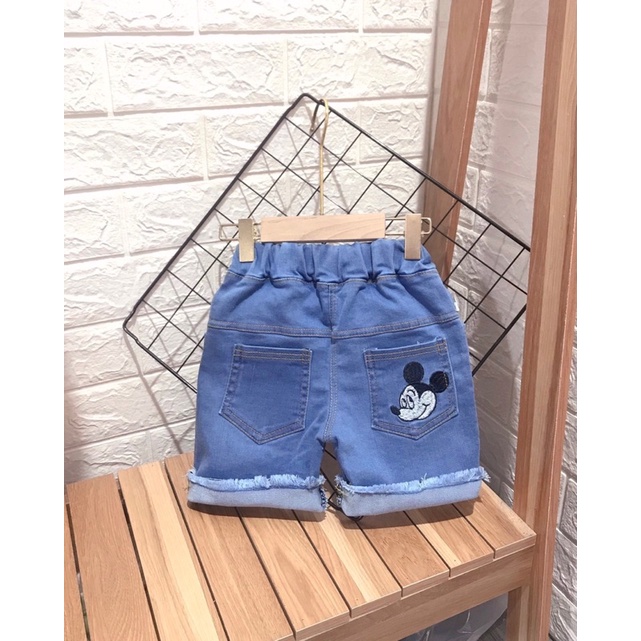 Quần sooc bò cho trẻ em 8-22kg, mẫu thêu chuột cho bé