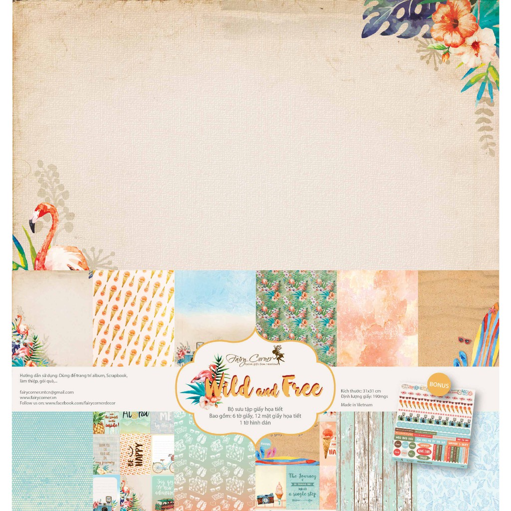 (Size lớn 30x30 cm) Bộ 6 tờ giấy + 1 sticker scrapbook Wild&Free - PK1000