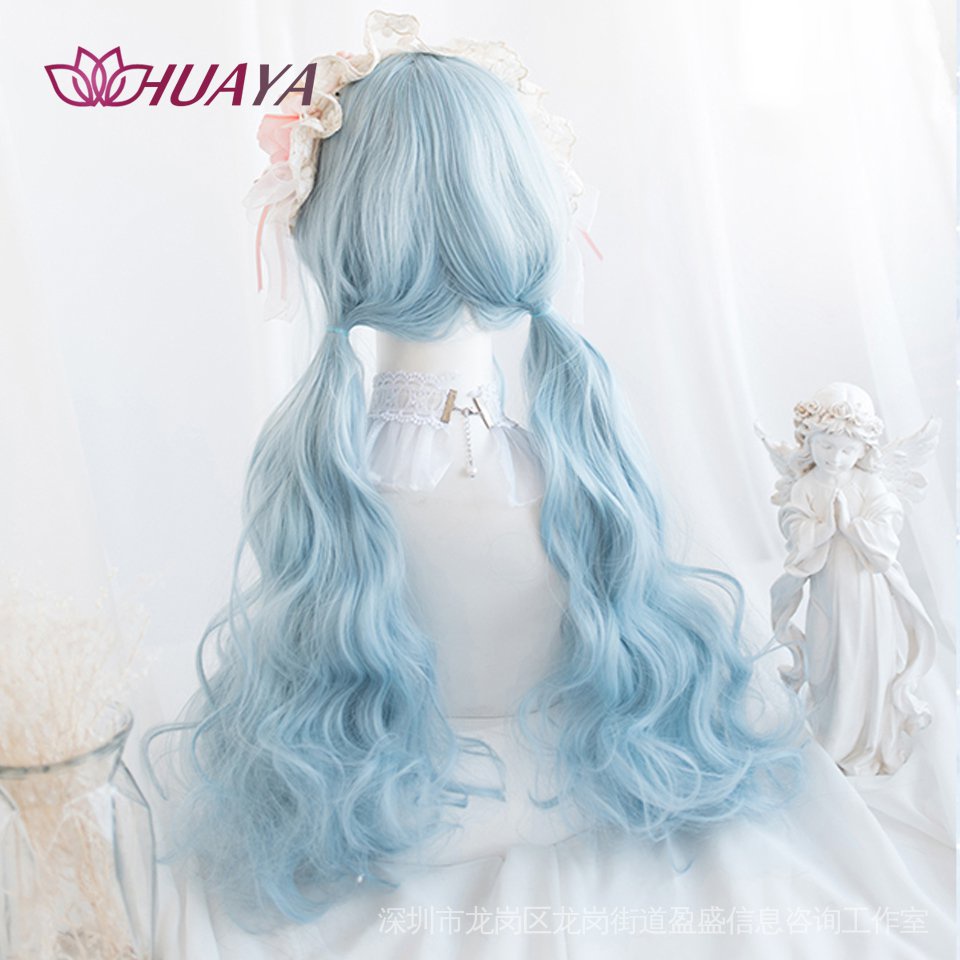 Tóc Giả Dài Xoăn Gợn Sóng Bằng Sợi Tổng Hợp Màu Xanh Dương Phong Cách Lolita Dùng Hóa Trang Tiệc Halloween