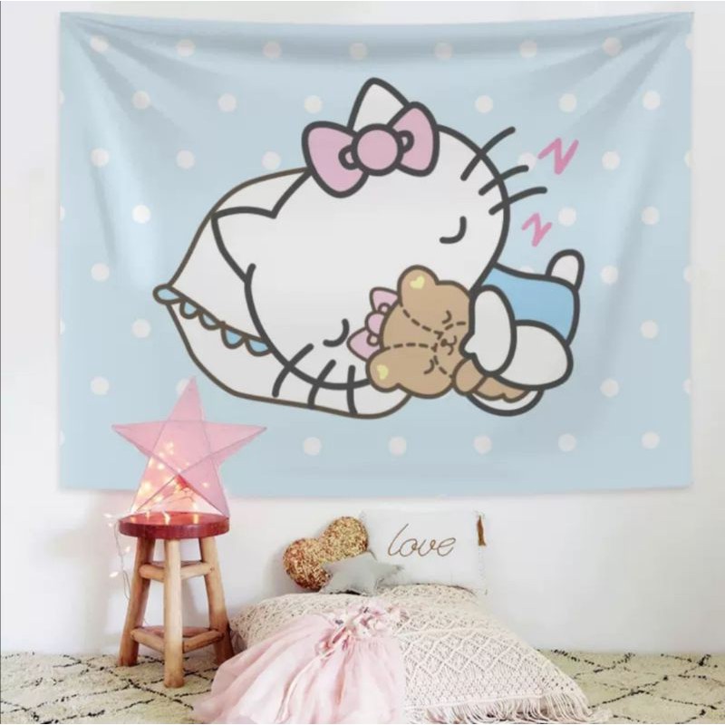 (SẴN) Thảm treo tường decor họa tiết HELLO KITTY Tặng kèm móc treo