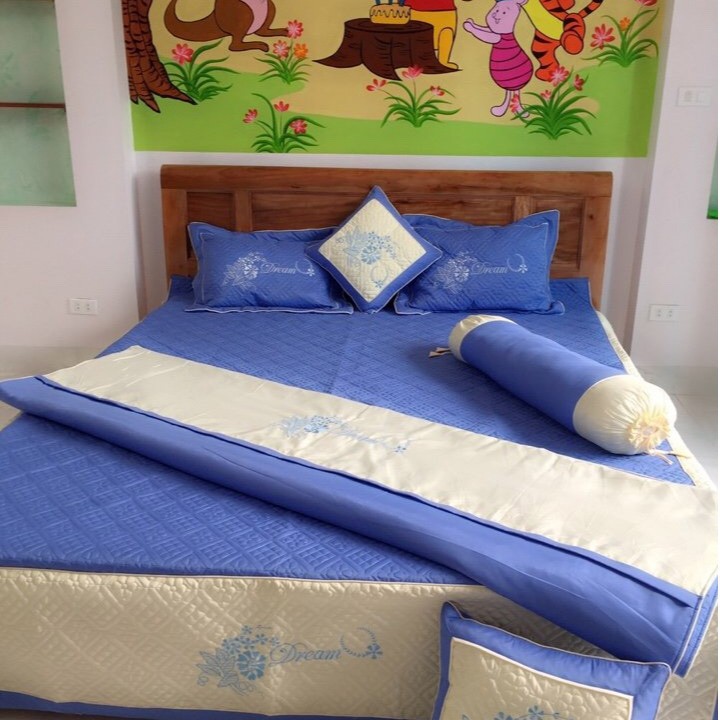 Combo 7 Món Chăn Ga Gối Satin Hàng Đẹp Màu XANH DƯƠNG trungvbhp_shopalot2