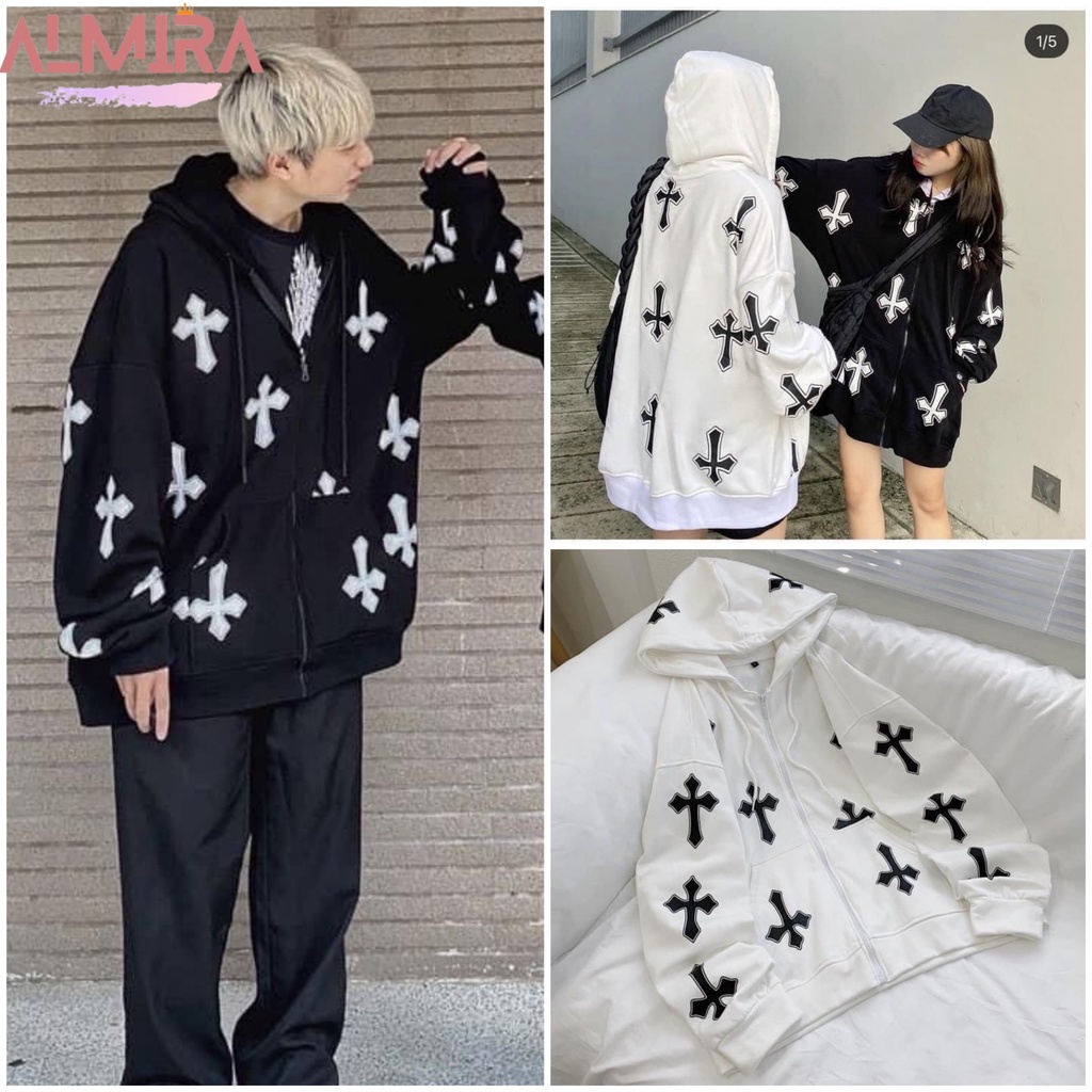 Áo Khoác Chữ T Form Rộng Unisex, Áo Hoodie Khóa Kéo Họa Tiết