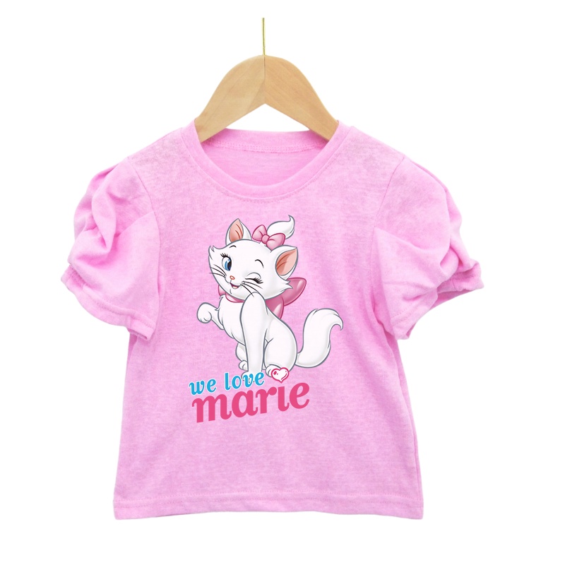Áo Thun Tay Phồng Mềm Mại In Họa Tiết Mèo Marie Màu Kẹo Cho Bé Gái