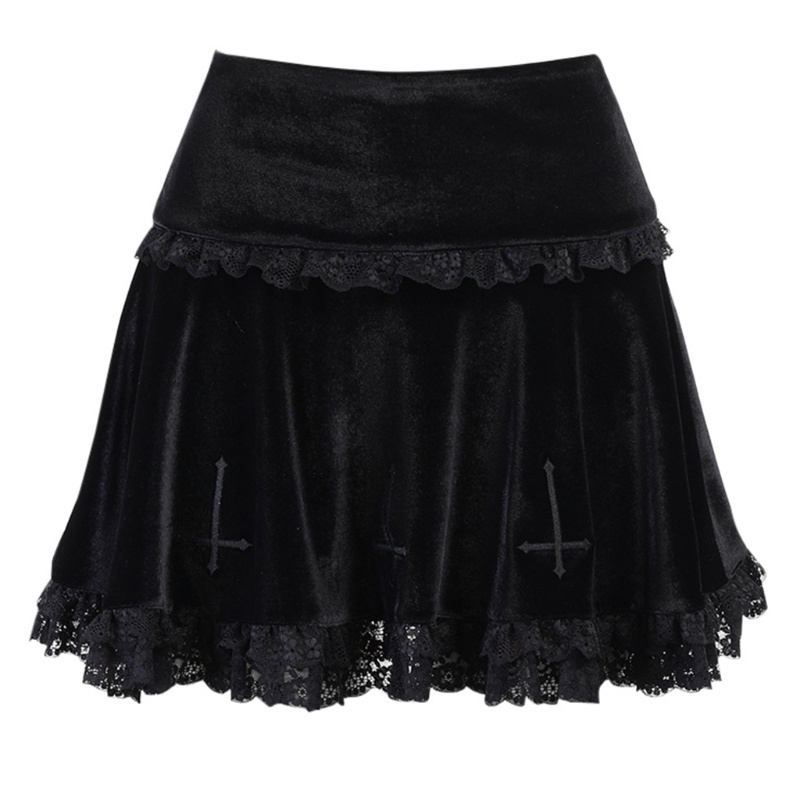 Chân váy nhung đen phối ren hoa phong cách Gothic