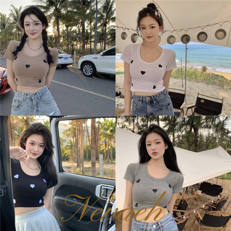 Áo Thun Tay Ngắn In Hình Trái Tim Thiết Kế Mới Năng Động Thời Trang