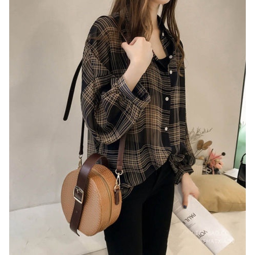 Áo sơ mi tay dài form rộng kẻ caro thời trang dành cho nữ
