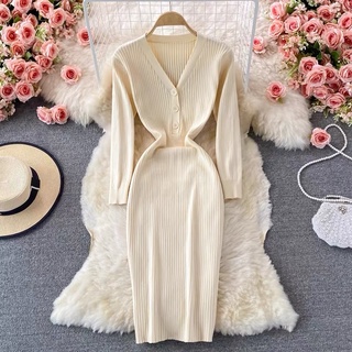 Đầm cổ V, đầm tay dài cổ tim chất thun gân, đầm cổ V tay dài