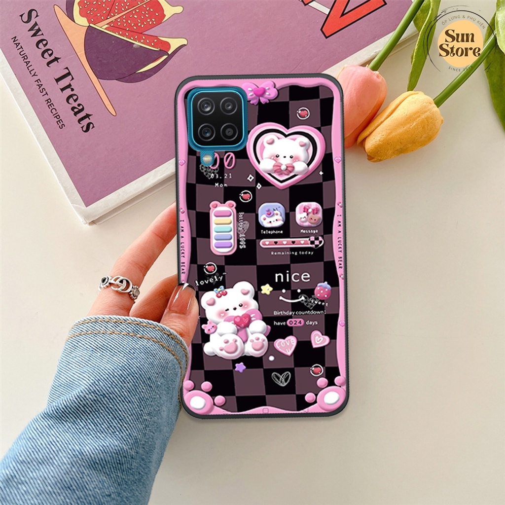 Ốp lưng Samsung A12 - M12 - A22 4G - M22 4G hoạ tiết 3D nền kẻ caro, gấu đáng yêu viền dẻo