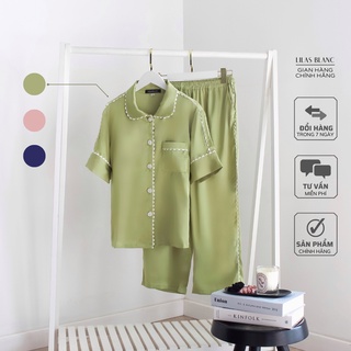 Bộ đồ pyjama nữ lilas blanc lụa mịn cao cấp tay cộc quần dài phối viền trắng