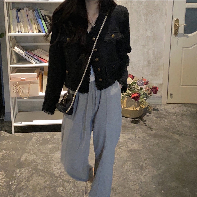 Áo Khoác Tay Dài Cổ Chữ V Dáng Rộng Màu Đen Phối Tua Rua Phong Cách Retro Thời Trang Mùa Thu Cho Nữ