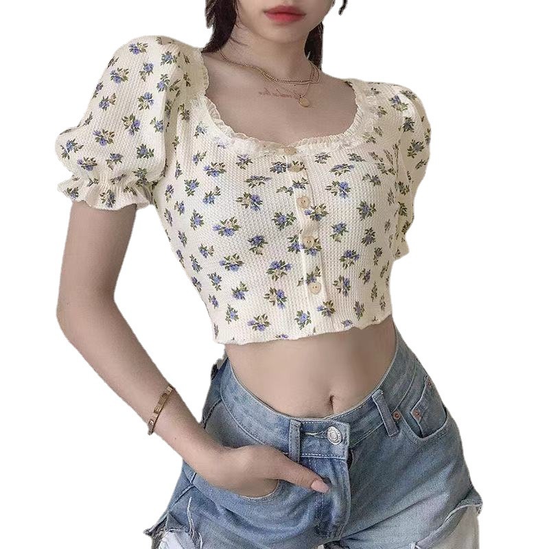 Áo Croptop Cổ Vuông Tay Phồng Họa Tiết Hoa Phong Cách Retro Thời Trang Cho Nữ