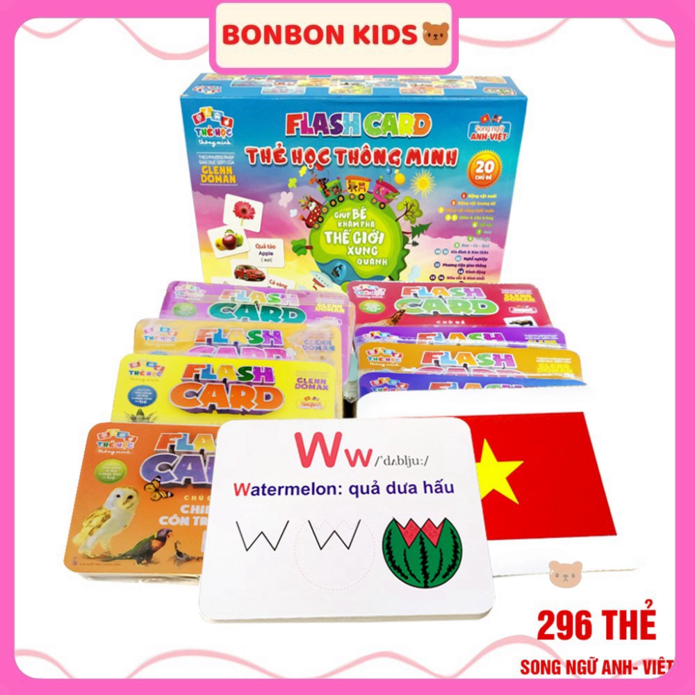 Bộ thẻ học thông minh 20 chủ đề song ngữ Anh - Việt 296 thẻ học- Loại to BONBON KIDS