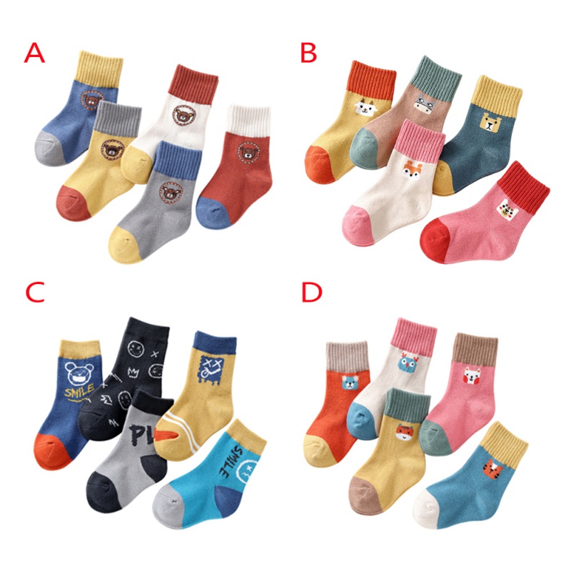 Set 5 Đôi Vớ Cổ Trung In Họa Tiết Hoạt Hình Màu Sắc Tương Phản Thời Trang Cho Bé