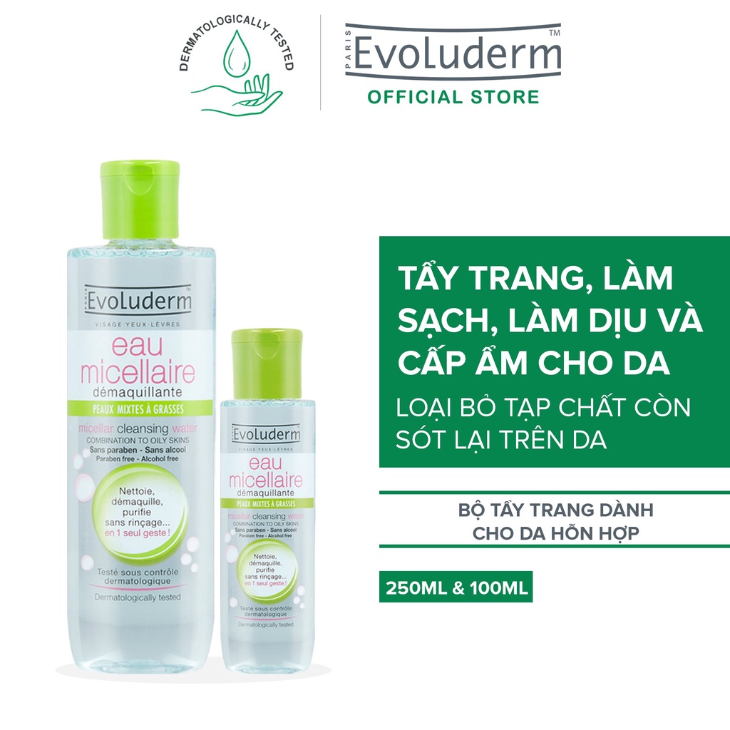 Bộ 2 sản phẩm nước tẩy trang Evoluderm dành cho da dầu mụn và da hỗn hợp 100+250ml