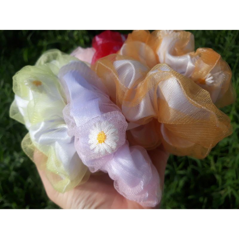 Scrunchies, crunchies đồ buộc tóc Hoa cúc thêu hai lớp