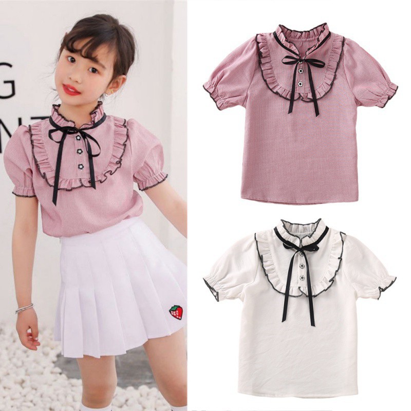 Áo Sơ Mi Tay Ngắn Chất Cotton Hoạ Tiết Hoa Cho Bé Gái 2-12 Tuổi