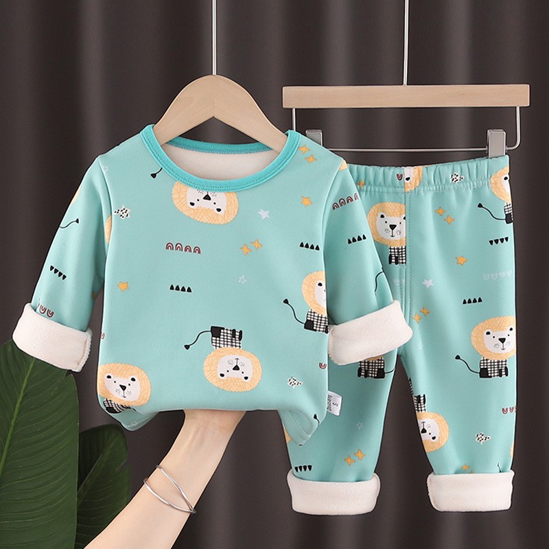 Bộ Đồ Ngủ Vải Cotton Phối Nhung In Hoạt Hình Dễ Thương Thời Trang Thu Đông Cho Bé