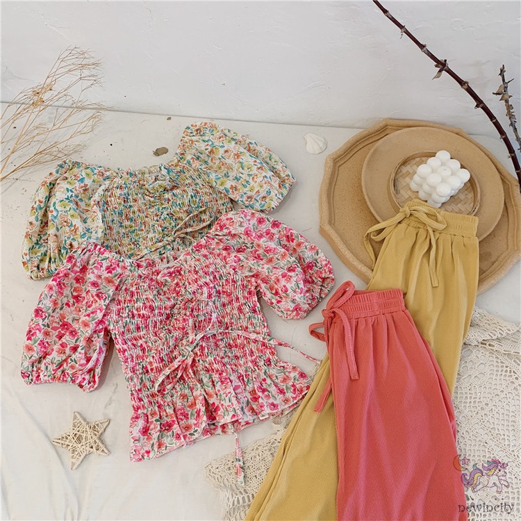 Set áo kiểu in hoa + quần dài ống rộng dành cho bé gái