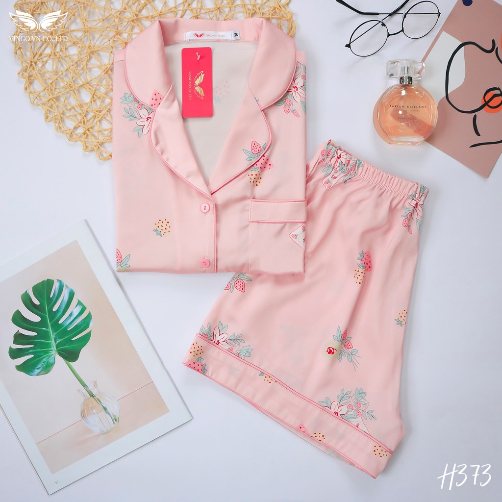 [Mã WABRVG156 giảm 10% đơn từ 99K]Bộ Đồ Kiểu Dáng Pyjama VINGO Liệu Lụa Pháp Tay Cộc Quần Cộc Hồng Phấn H373 VNGO