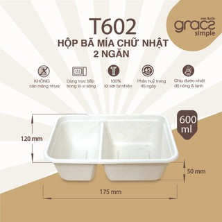 [HÀNG CHÍNH HÃNG] Hộp bã mía hình chữ nhật 2 ngăn 600ml (GRACZ - THÁI LAN)