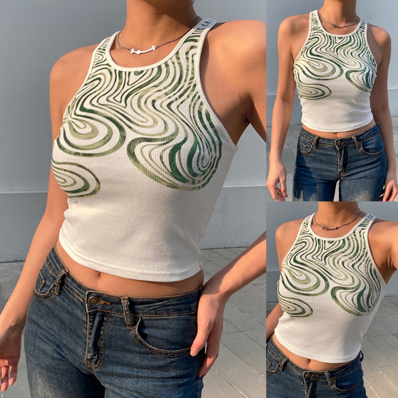 Áo Croptop Dệt Kim Không Tay Cổ Tròn Phong Cách Harajuku Gợi Cảm Cho Nữ