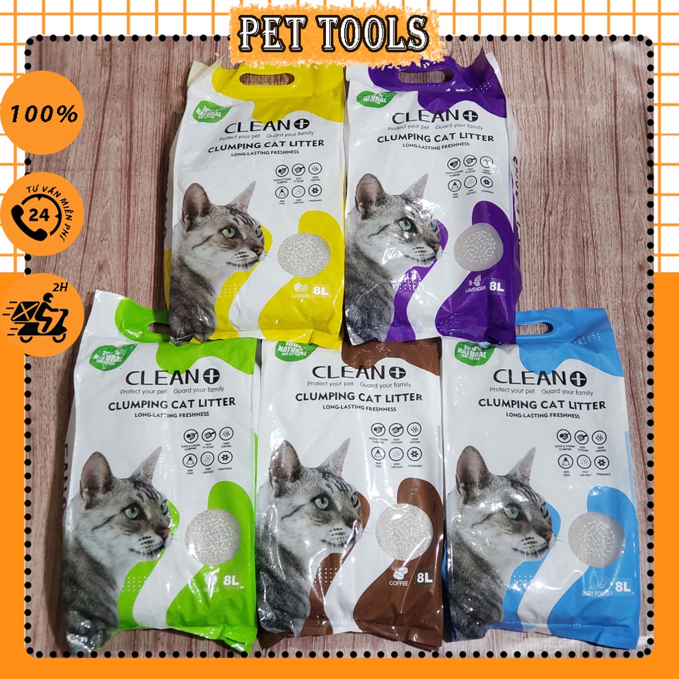 Cát vệ sinh cho mèo Clean 1 tải 6 bao túi 8l khử mùi ít bụi hương dụi nhẹ vốn tốt Pet Tools