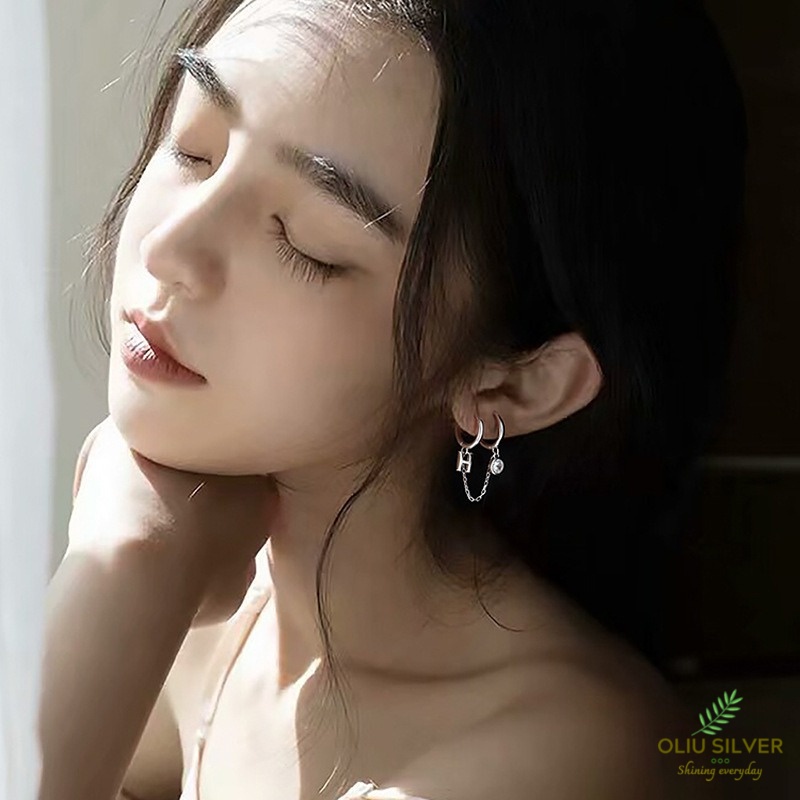 Bông Tai Bạc S925 Chữ H Dạng Khoen Tròn Hai Lỗ Xỏ Đính Đá Zircon Trẻ Trung Cá Tính | Khuyên Tai Nữ Trang Sức Bạc 925