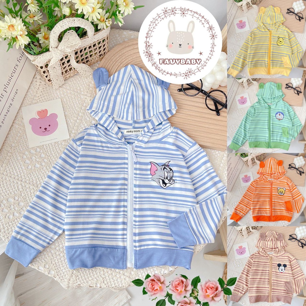 Áo Khoác Chống Nắng Trẻ Em MINKY MOM Chính Hãng Thun Lạnh Sọc Dệt Visco Tai Thú Hình Thêu Bé 0 1 2 3 4 5 Tuổi - Favybaby