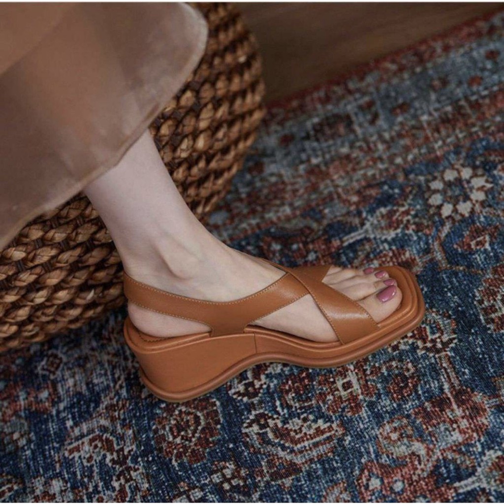 Sandal xuồng siêu nhẹ đế cao 5p về 2 màu nâu - kem