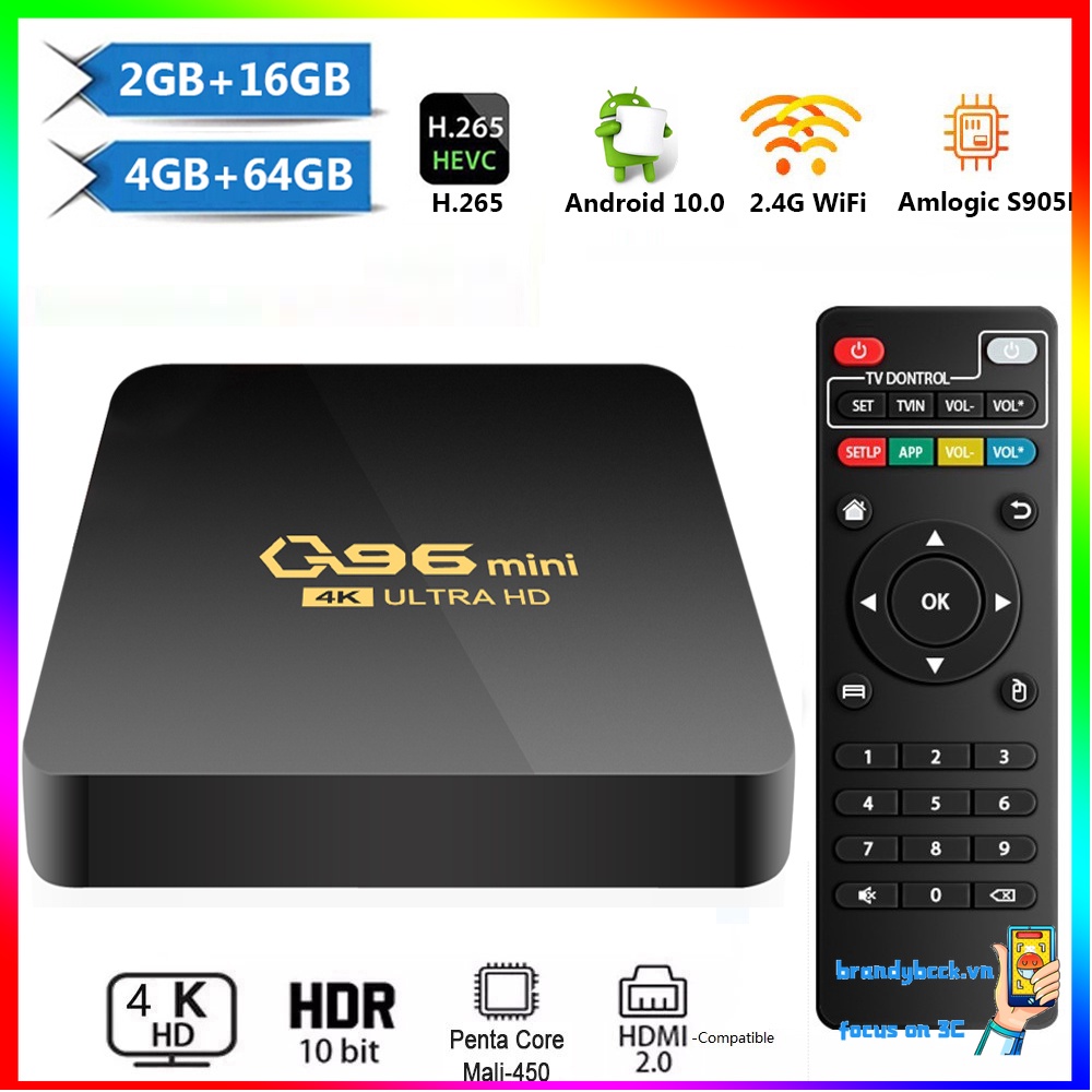 Đầu TV box Q96 mini Android 10.0 S905L L I T 2.4G WIFI 4K 4GB + 64GB ChấT LượNg Cao