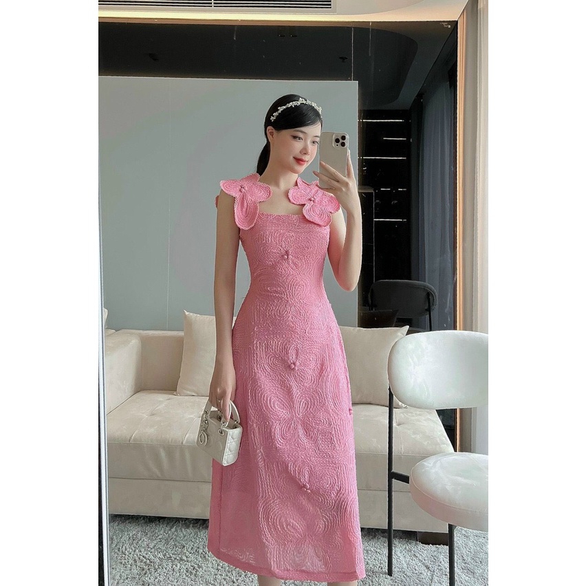 LEMI Đầm chữ A chất liệu REN hoa cao cấp Hồng/TRẮNG thiết kế vai đính nơ to cúc bọc dọc thân váy nữ tính thanh lịch