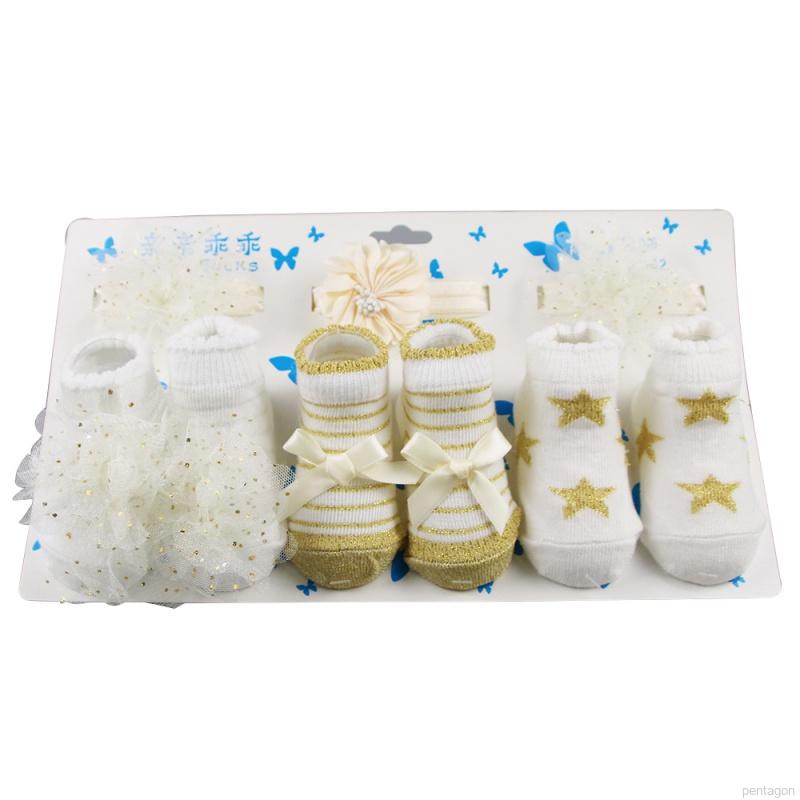 Set 3 món vớ cotton chống trượt đính nơ + băng đô xinh xắn cho bé