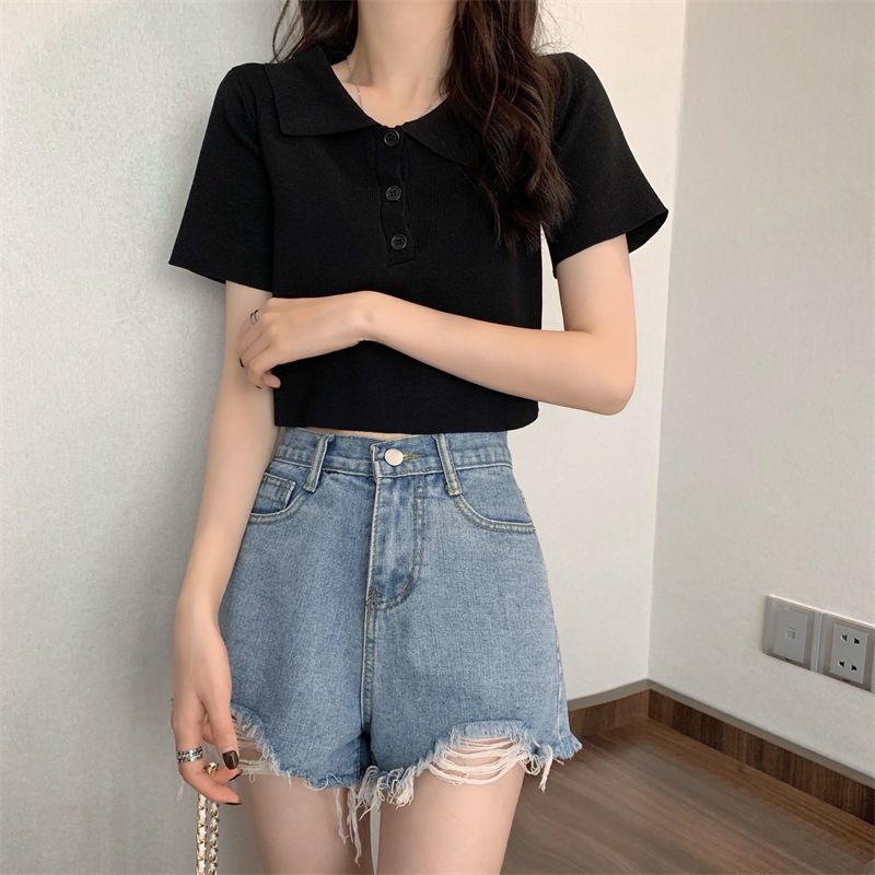 Áo montoghi cổ đức trơn cộc tay 3 khuy croptop