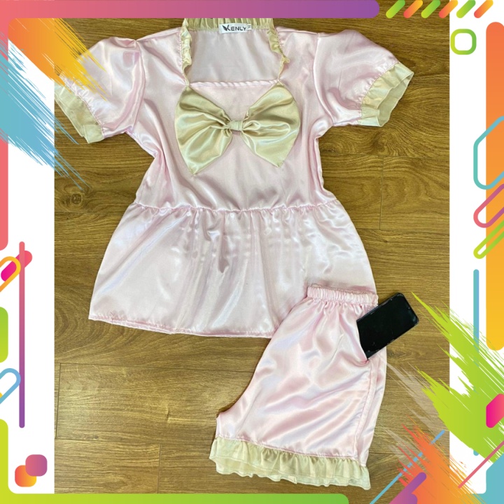 Đồ Bộ Lụa Nữ,Đồ Ngủ pijama Lụa phối bèo nơ,cổ vuông áo tay cộc quần ngắn