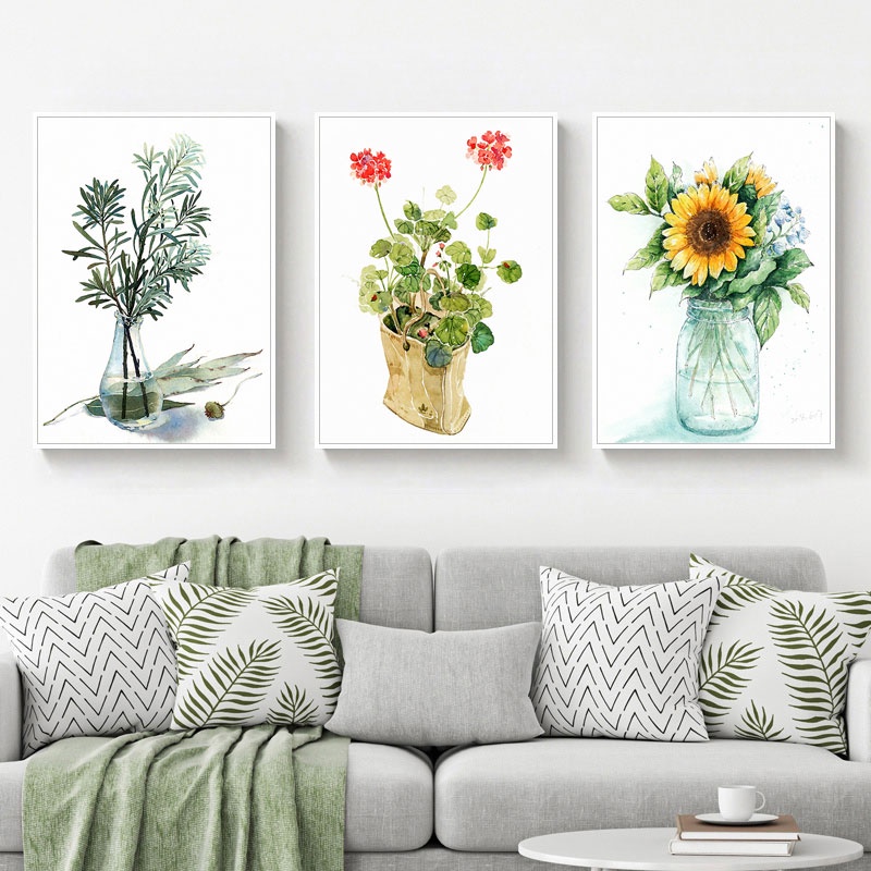 Tranh vải canvas treo tường in hình hoa hướng dương / lá trang trí phòng khách hiện đại
