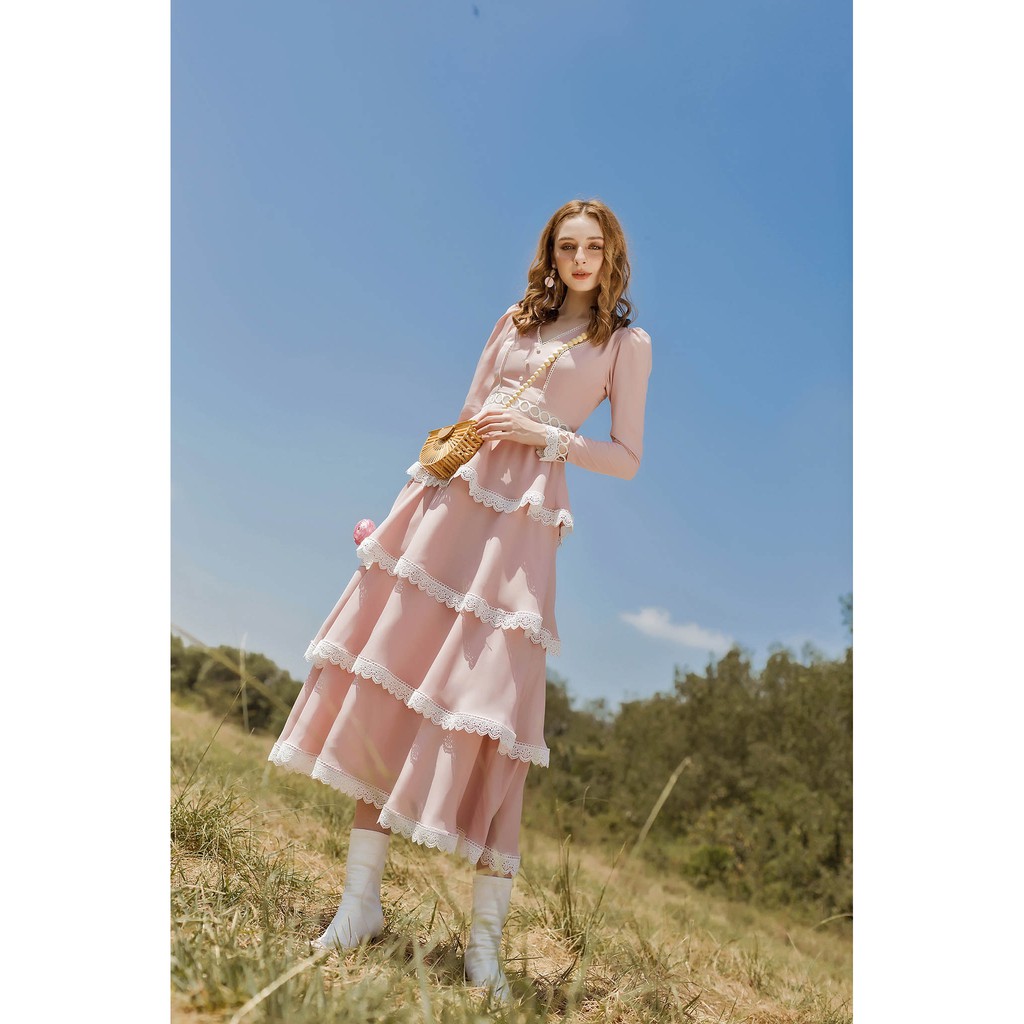 SÒ VINTAGE - LAMIE Đầm xoè nhiều tầng tay dài phối ren | BigBuy360 - bigbuy360.vn