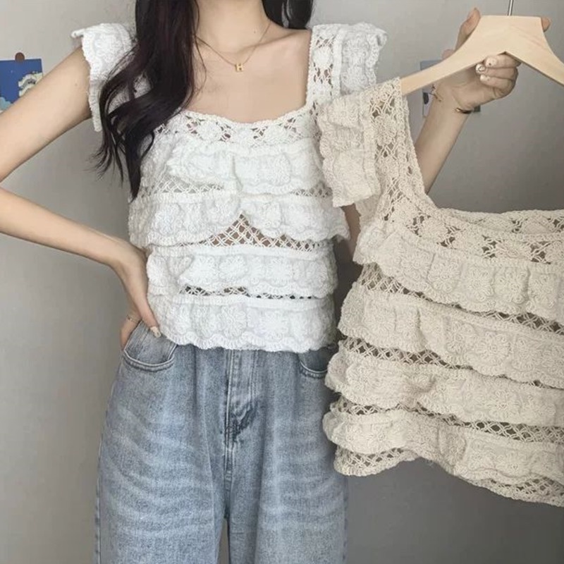 Áo Ren Cổ Vuông Hở Xương Quai Xanh Ôm Sát Quyến Rũ Thời Trang Hè Phong Cách Mới Cho Nữ