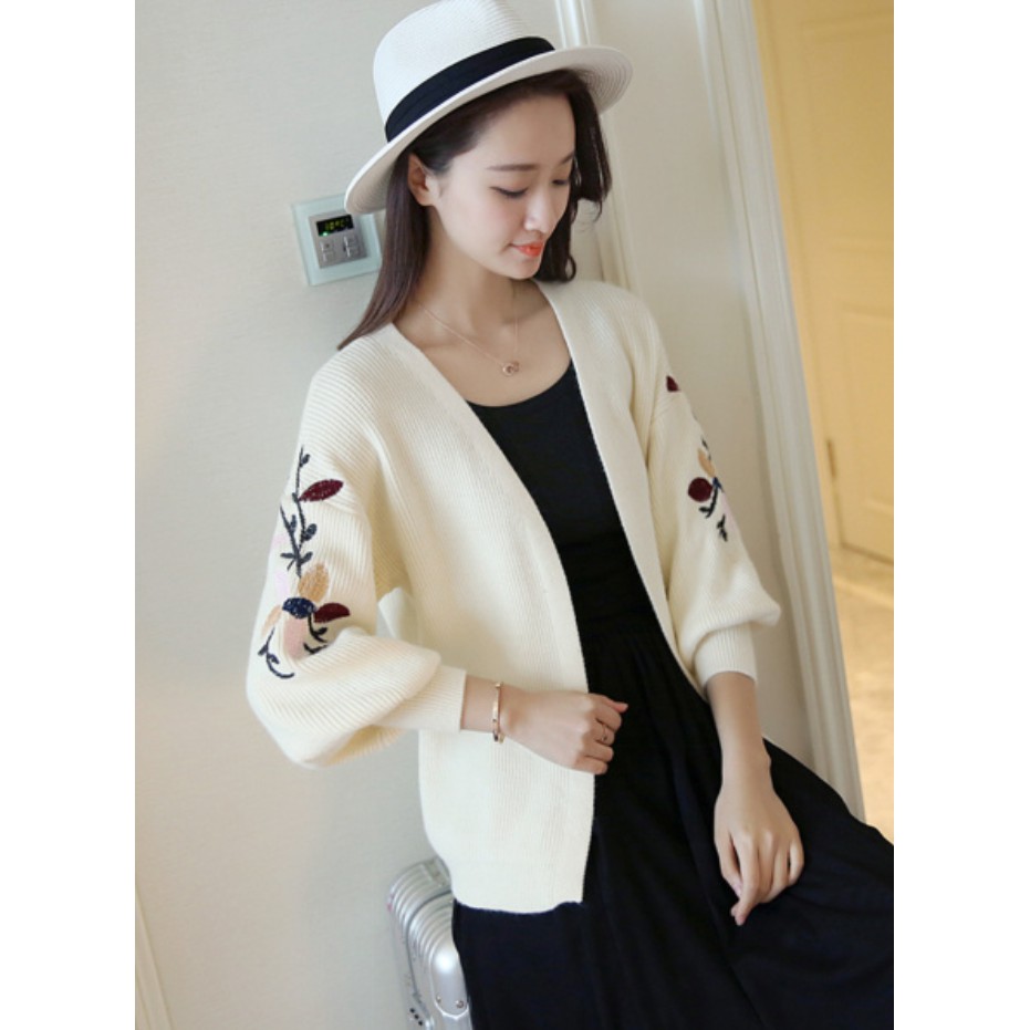 Áo Len Nữ Thu Đông Kiểu Khoác Nhẹ Cardigan Thêu Hoa Mẫu Tay Bồng May_ALN022 MayBlue-video thật